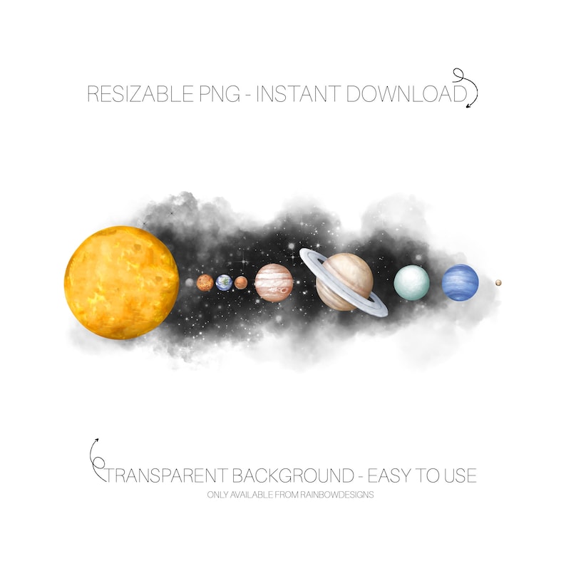 May include: Watercolour illustration of the solar system with a yellow sun, orange, blue, and white planets, and a black background with white stars.