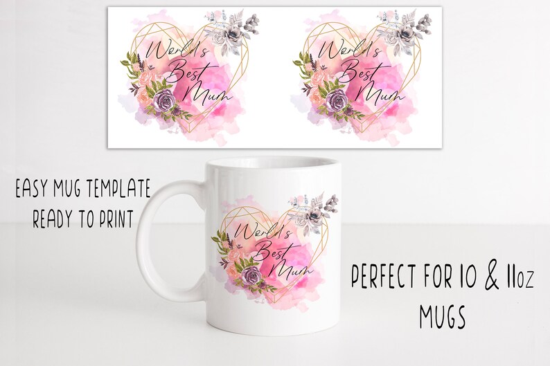 May include: White ceramic mug with a pink watercolor heart design. The heart has a gold geometric outline and floral accents. The text "World's Best Mum" is inside the heart.