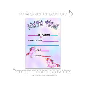 DIY Birthday Party Invitation, Unicorn Party Invite, Girls Birthday Party Invitation Download