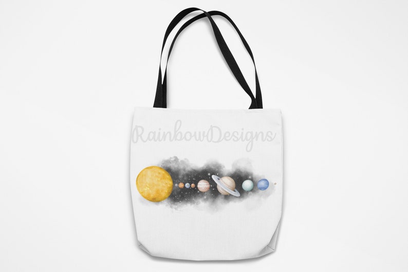 May include: A white tote bag with black handles featuring a watercolour illustration of the solar system with the text "Rainbow Designs" printed on the front.