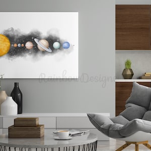 May include: A watercolour painting of the solar system with the sun and planets in a line across a black and white background. The planets are painted in shades of blue, brown, and orange.