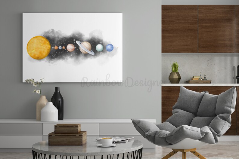 May include: A watercolour painting of the solar system with the sun and planets in a line across a black and white background. The planets are painted in shades of blue, brown, and orange.