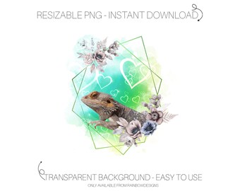 Bearded Dragon Clipart: Watercolor Reptile PNG, Geometric Floral Frame (Digital Download)