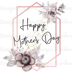 Op de afbeelding: Een roze geometrisch frame met een bloemmotief en de tekst "Happy Mother's Day" in zwarte cursieve letters.