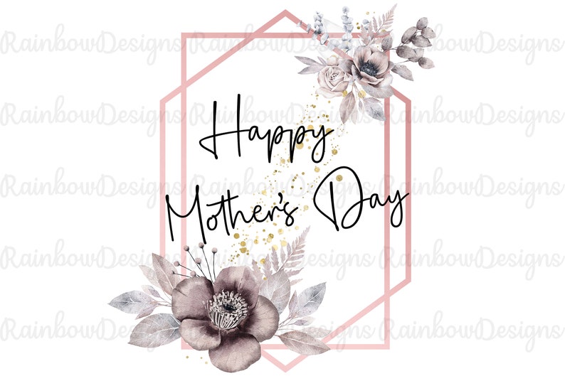 Op de afbeelding: Een roze geometrisch frame met een bloemmotief en de tekst "Happy Mother's Day" in zwarte cursieve letters.