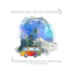 Camping Van Sublimação PNG | Montanhas em Aquarela Download Instantâneo | Gráficos de Férias Hippy | Modelo de Caneca de Viagem