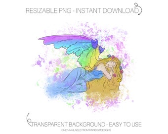 Sleeping Angel PNG | Rainbow Watercolour Graphics | Fairy Sublimation Download