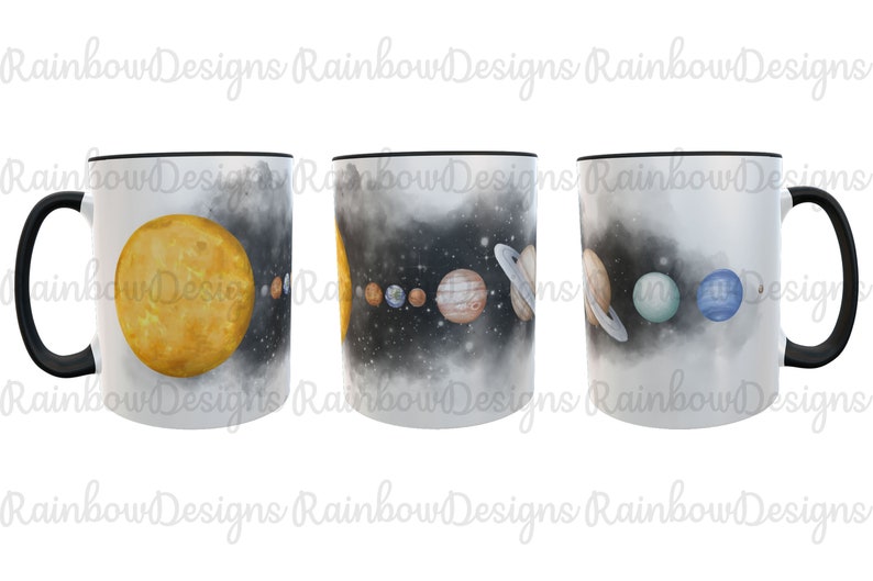 May include: A white ceramic mug with a black handle features a watercolour design of the solar system. The sun is yellow, the planets are various shades of orange, blue, and green, and the background is a dark grey with white stars.
