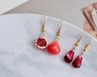 Realistic Pomegranate Earrings: Resin Fruit Dangle, Gold Plated Hooks