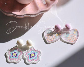 Pastel Acrylic Earrings: Y2K Flower & Bichon Dog, Sterling Silver Studs