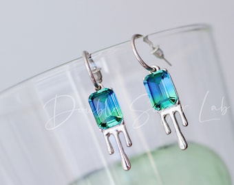 Color Change Dangle Earrings: Green Blue Crystal, Stainless Steel