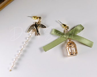 Asymmetrical Bird Cage Earrings: Pearl Ribbon, Sterling Silver Posts