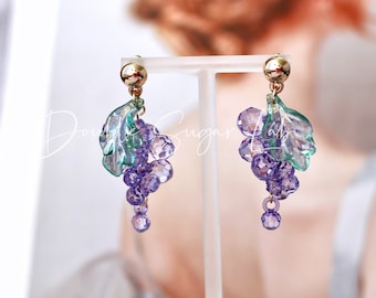 Crystal Grape Earrings: Sterling Silver Posts, Purple Beaded Dangle