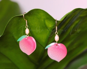 Peach Dangle Earrings: Resin Fruit with Sterling Silver Hooks