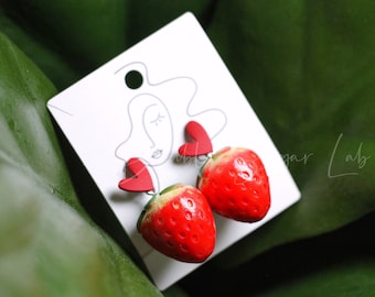 Strawberry Dangle Earrings | Red Heart | Silver Earrings | Fruit Accessory
