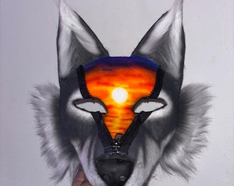 Masque de loup à fermeture éclair fait main | Masque canin réaliste en fausse fourrure pour cosplay therian et alterhumains | Bandeau partiel en fourrure | Conception personnalisée de galaxie
