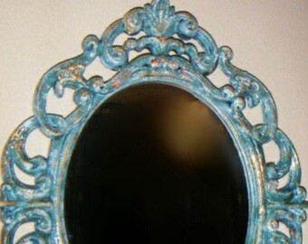 Altered plastic framed glass mirror into vintage shabby chic metal effect mirror
