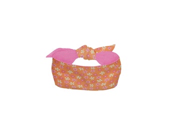 Dog Scarf | Bandana | Cotton Print | Neckwear | Pet Clothing | Pink & White Flowers on Orange with White Polka Dots on Pink Print
