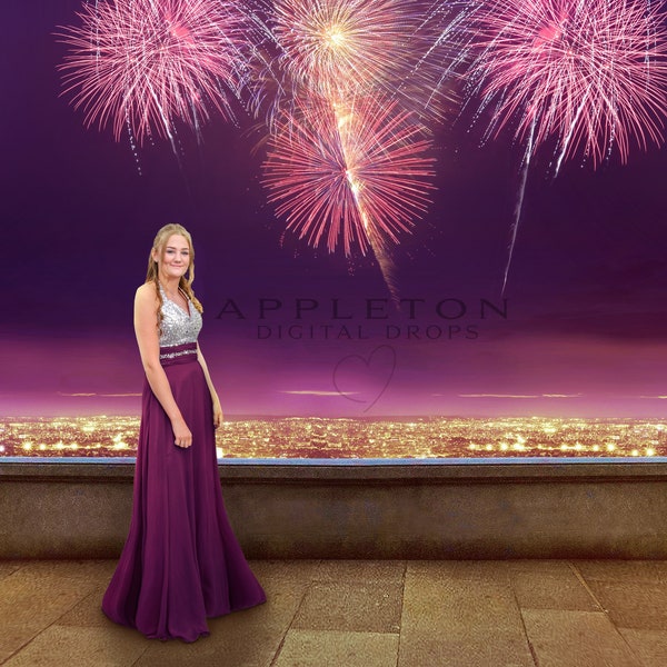 City Lights With Fireworks Digital Background, Backdrop, Photoshop Background for Photography, jpg instant download file.