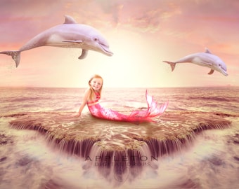 Mermaid Rock avec dauphins Arrière-plan numérique / Toile de fond Photoshop Composite Photo Arrière-plan pour les photographes, fichier jpg