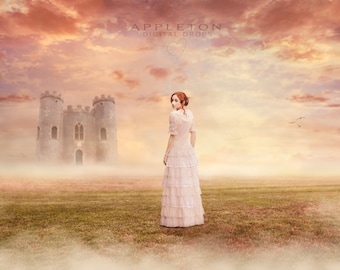 Misty Morning Fairytale Castle Digital Background, Backdrop, Photography Composite Template, jpg instant download