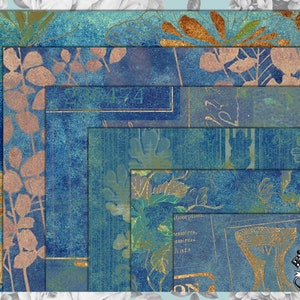 May include: A set of five digital paper backgrounds featuring a blue and gold floral pattern with a distressed texture. The papers are layered and have a vintage aesthetic.