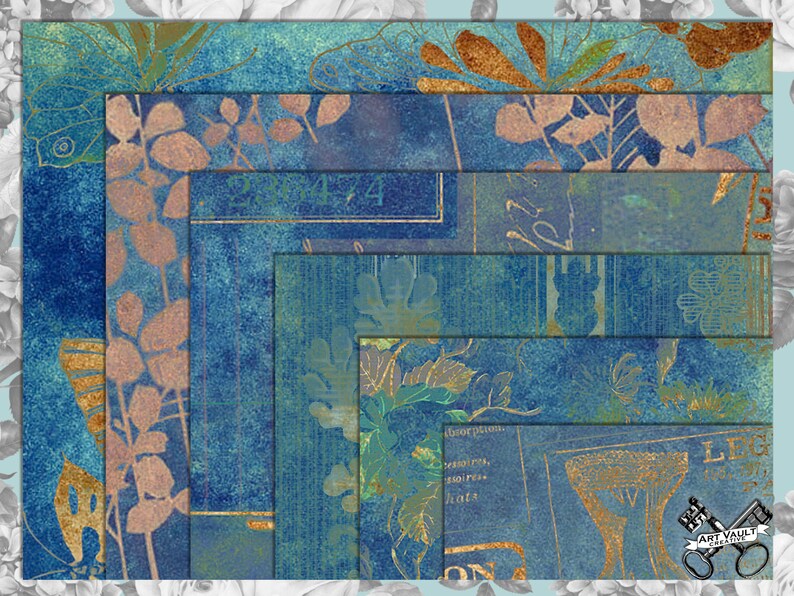 May include: A set of five digital paper backgrounds featuring a blue and gold floral pattern with a distressed texture. The papers are layered and have a vintage aesthetic.