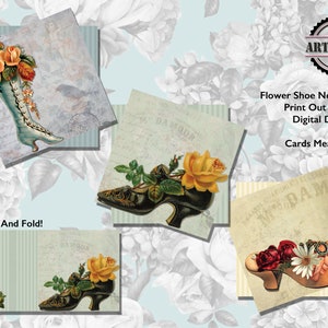 Printable Blank Note Card V intageFunky Floral Shoe, Shabby Chic Victorian Shoe Printable Thank You Card, Gift Card Digital Download
