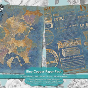 May include: A digital paper pack containing 10 blue and gold patterned papers. The papers have a vintage aesthetic with floral designs and text in French. The text reads "L'utile", "Caps Es-Azymes", "Dentition Sirop Delabarre", "Purgatif Re Rouge", and "La Neufa".