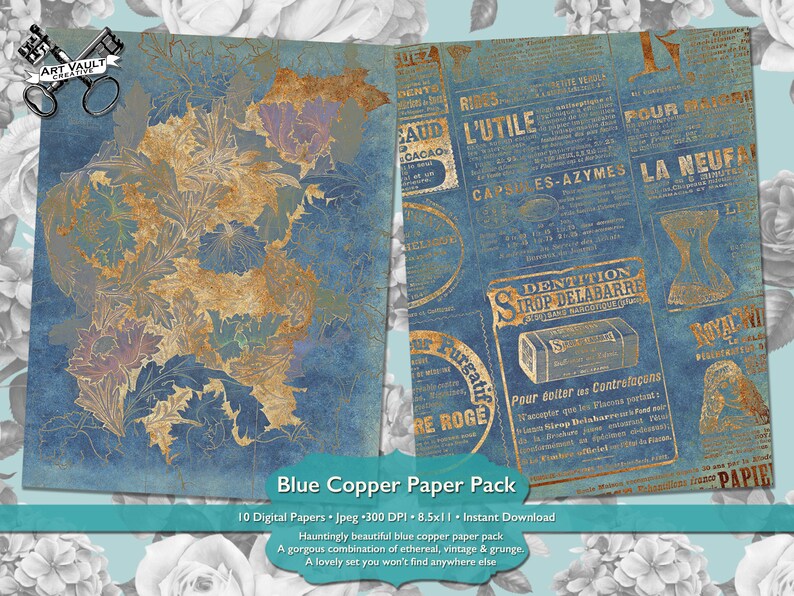 May include: A digital paper pack containing 10 blue and gold patterned papers. The papers have a vintage aesthetic with floral designs and text in French. The text reads "L'utile", "Caps Es-Azymes", "Dentition Sirop Delabarre", "Purgatif Re Rouge", and "La Neufa".