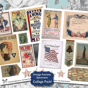 Vintage Quarto 4 luglio Ephemera Fogli collage digitali, stampabile vintage patriottico stelle e strisce Junk Journal Scrapbook ClipArt