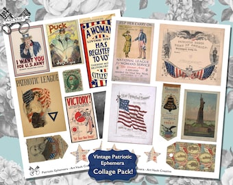 Vintage Fourth 4th Of July Ephemera Digital Collage Sheets, Printable Vintage Patriotic Stars And Stripes Junk Journal Scrapbook ClipArt