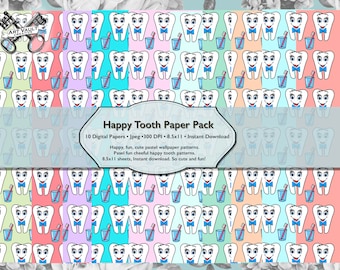 Paquete de papel digital diente feliz, papel de scrapbooking para niños, envoltura de regalo digital imprimible en lindos patrones de diversión tonta, ideal para los niños fiesta
