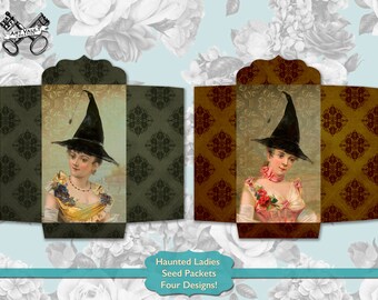 Printable Junk Journal Seed Packet Vintage Lady, Halloween Witch Envelope, Scrapbook Supplies Digital Download, Spooky Journal Embellishment