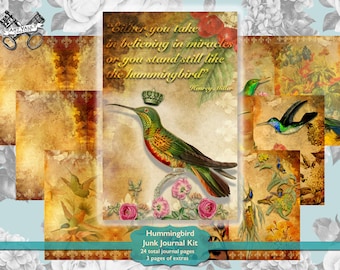 Junk Journal Kit Vintage Hummingbirds Botanicals, Scrapbook Supplies Digital Download, Junk Journal Embellishment, Ephemera Collage Kit