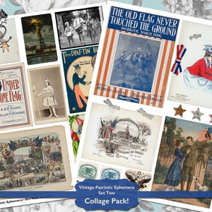 Vintage Patriotic Ephemera Digital Collage Sheets, Printable Vintage Fourth 4th Of July Junk Journal Scrapbook Supplies And Clipart