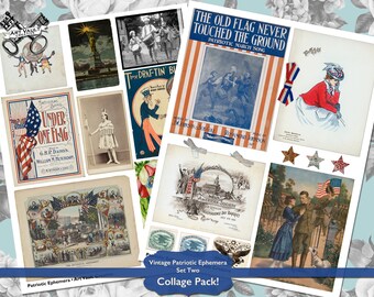 Vintage Patriotic Ephemera Digital Collage Sheets, Printable Vintage Fourth 4th Of July Junk Journal Scrapbook Supplies And Clipart