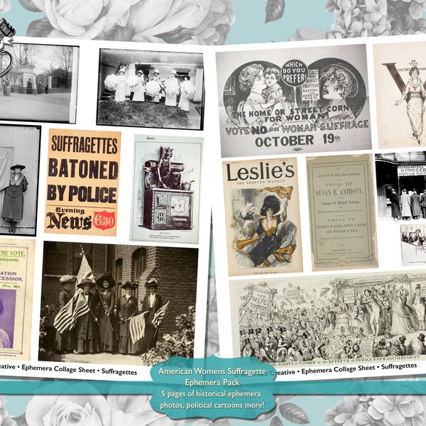 Vintage Womens Suffrage Ephemera Digital Collage Sheets, Printable Vintage American Suffragette Scrapbook ClipArt, Womens Rights Ephemera