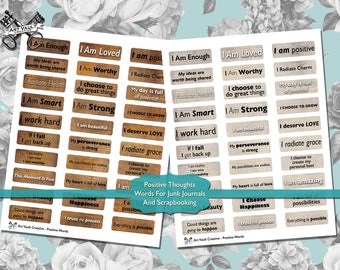 Woorden voor junk journals positieve gedachten, afdrukbare versieringen voor scrapbooking inspirerende woorden, collagebladen digitale download