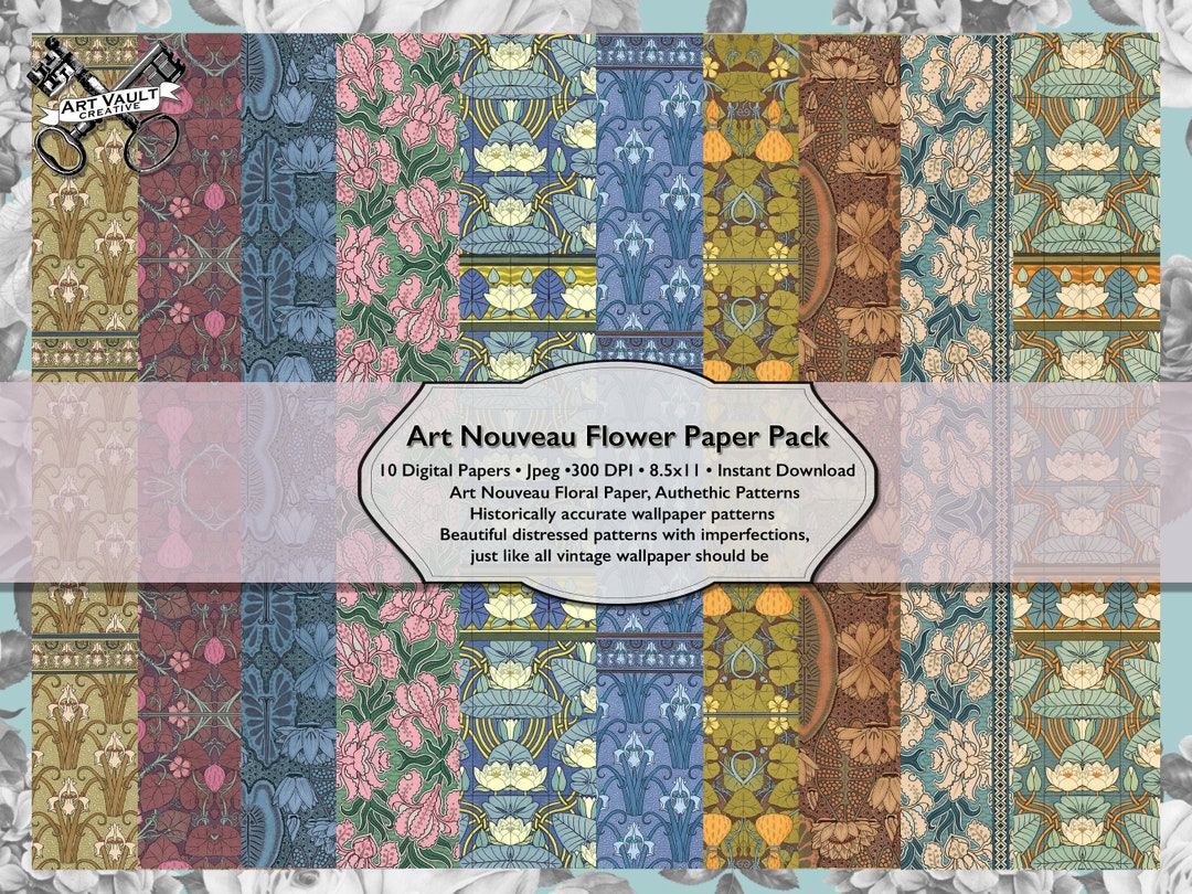 Vintage Floral Art Nouveau Paper Digital Download, Printable Art Deco ...