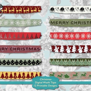 Christmas Washi Tape Digital Download, Printable Xmas Washi Tape, Holiday Washi Tape Digital Stickers, Scrapbook Junk Journal Supplies