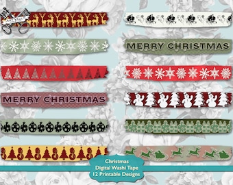 May include: Twelve printable designs of Christmas themed washi tape. The designs include reindeer, snowflakes, Christmas trees, snowmen, ornaments, presents, and the words "Merry Christmas".