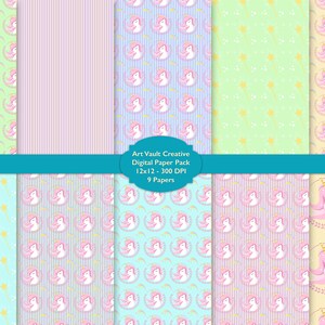 May include: A digital paper pack with nine different patterns featuring unicorns, stars, and stripes in pastel colors. The text "Art Vault Creative Digital Paper Pack 12x12 - 300 DPI 9 Papers" is displayed in the center of the image.