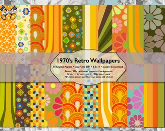 1970s Retro Digital Paper Pack, Printable Scrapbook Paper, Vintage 70s Digital Pattern, Groovy Seventies Digital Papers