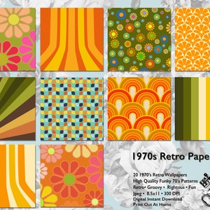 Puede incluir: Un paquete de papel digital con 20 patrones retro de estilo de los a&ntilde;os 70. Los patrones incluyen formas geom&eacute;tricas, flores y rayas en colores brillantes como naranja, amarillo, verde y azul. El texto "1970s Retro Paper Pack" est&aacute; en la parte inferior de la imagen.