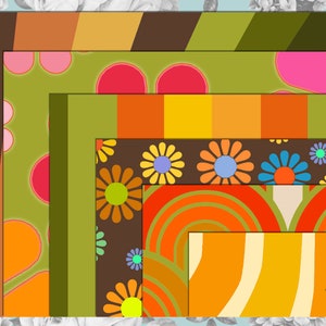 Puede incluir: Un conjunto de seis patrones de papel digital con un estilo retro de los a&ntilde;os 70 con formas geom&eacute;tricas, flores y rayas en tonos de marr&oacute;n, naranja, verde, amarillo y rosa.