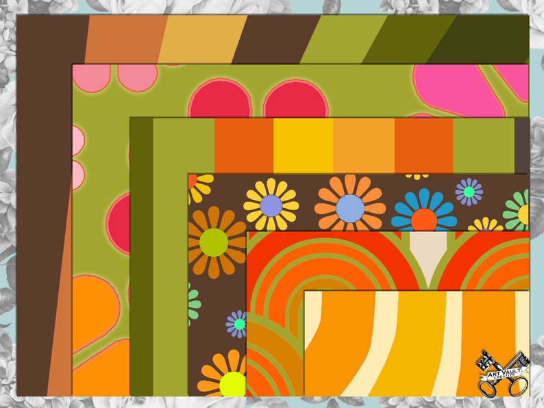 Puede incluir: Un conjunto de seis patrones de papel digital con un estilo retro de los a&ntilde;os 70 con formas geom&eacute;tricas, flores y rayas en tonos de marr&oacute;n, naranja, verde, amarillo y rosa.