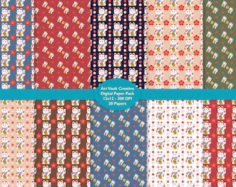 Op de afbeelding: Een digitaal papierpakket met herhalende patronen van Maneki-neko, de Japanse gelukskat, in rood, wit en goud. De patronen zijn geplaatst tegen achtergronden van blauw, rood en bruin. De tekst "Art Vault Creative Digital Paper Pack" is ook zichtbaar.