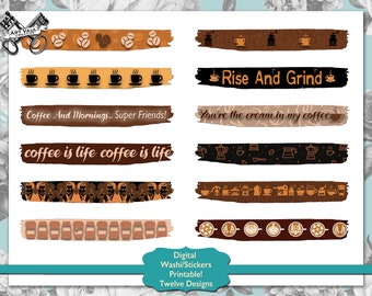 Pegatinas de café imprimibles Washi Tape Descarga digital, Conjunto de cintas Washi digitales, Patrón de amante del café Pegatinas digitales washi cinta PNG