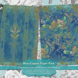 May include: A digital paper pack featuring 10 blue and copper patterned designs. The patterns include floral, geometric, and abstract designs. The text on the image reads "Blue Copper Paper Pack", "10 Digital Papers - Jpeg 300 DPI - 8.5x11 - Instant Download", "Hauntingly beautiful blue copper paper pack", "A gorgeous combination of ethereal, vintage & grunge", and "A lovely set you won't find anywhere else".